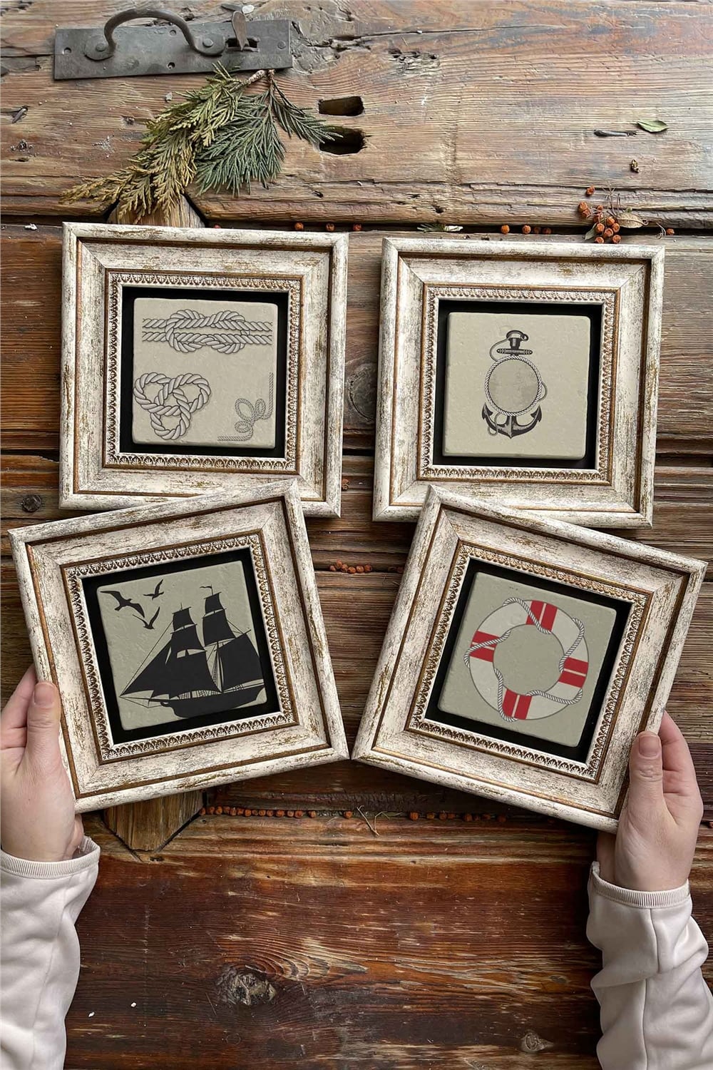 Oscar Stone Decor Çerçeveli Taş Tablo Duvar Dekoru 20x20cm 4'lü Set Denizci Seti