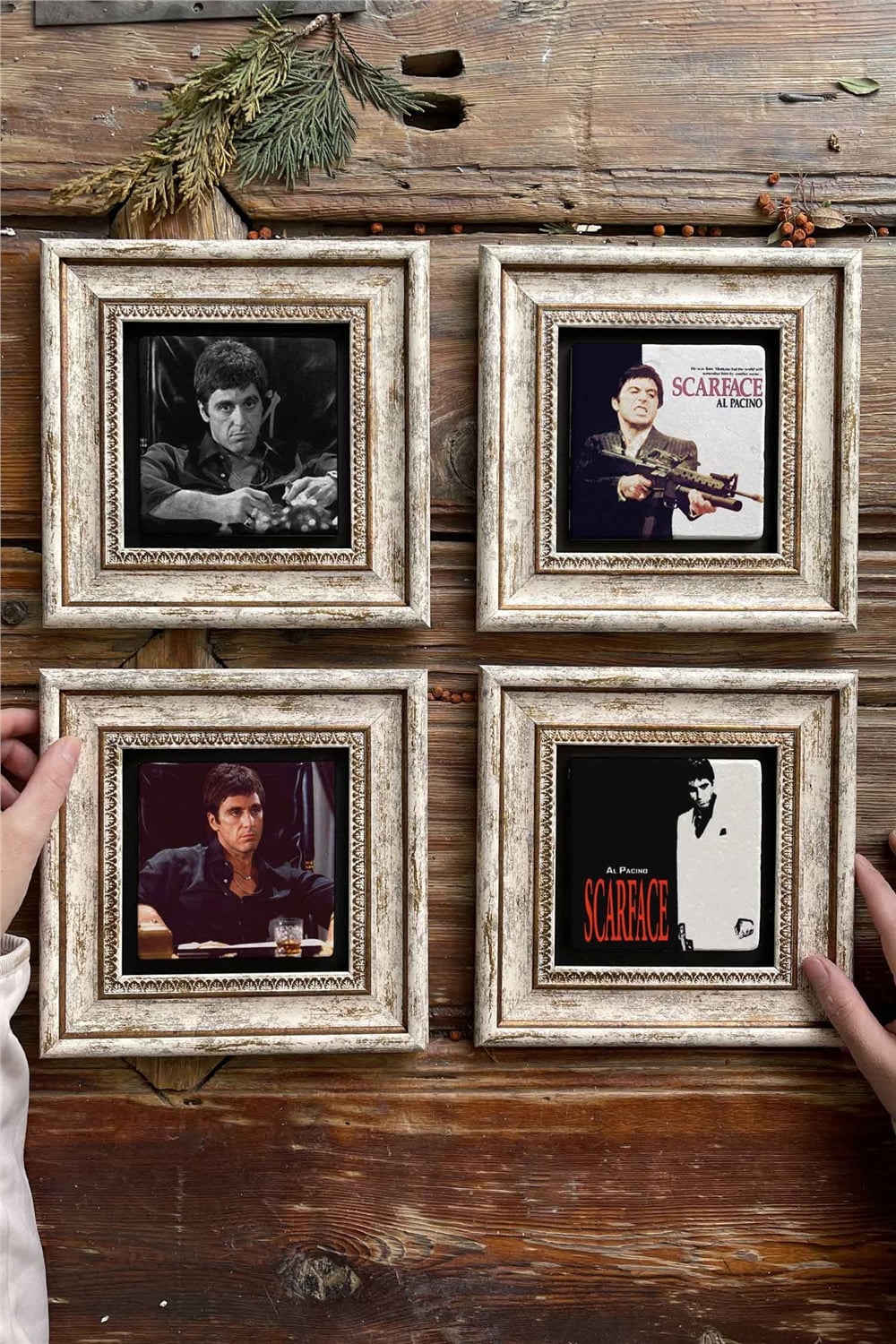 Oscar Stone Decor Çerçeveli Taş Tablo Duvar Dekoru 20x20cm 4'lü Set Scarface Yaralı Yüz Tablo