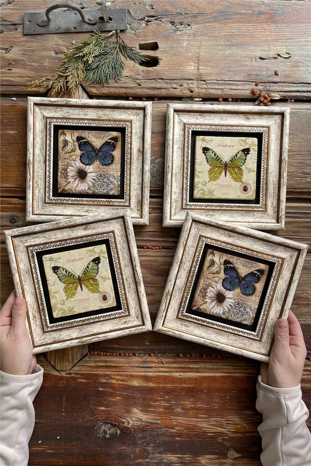 Oscar Stone Decor Çerçeveli Taş Tablo Duvar Dekoru 20x20cm 4'lü Set Kelebek Butterfly Set