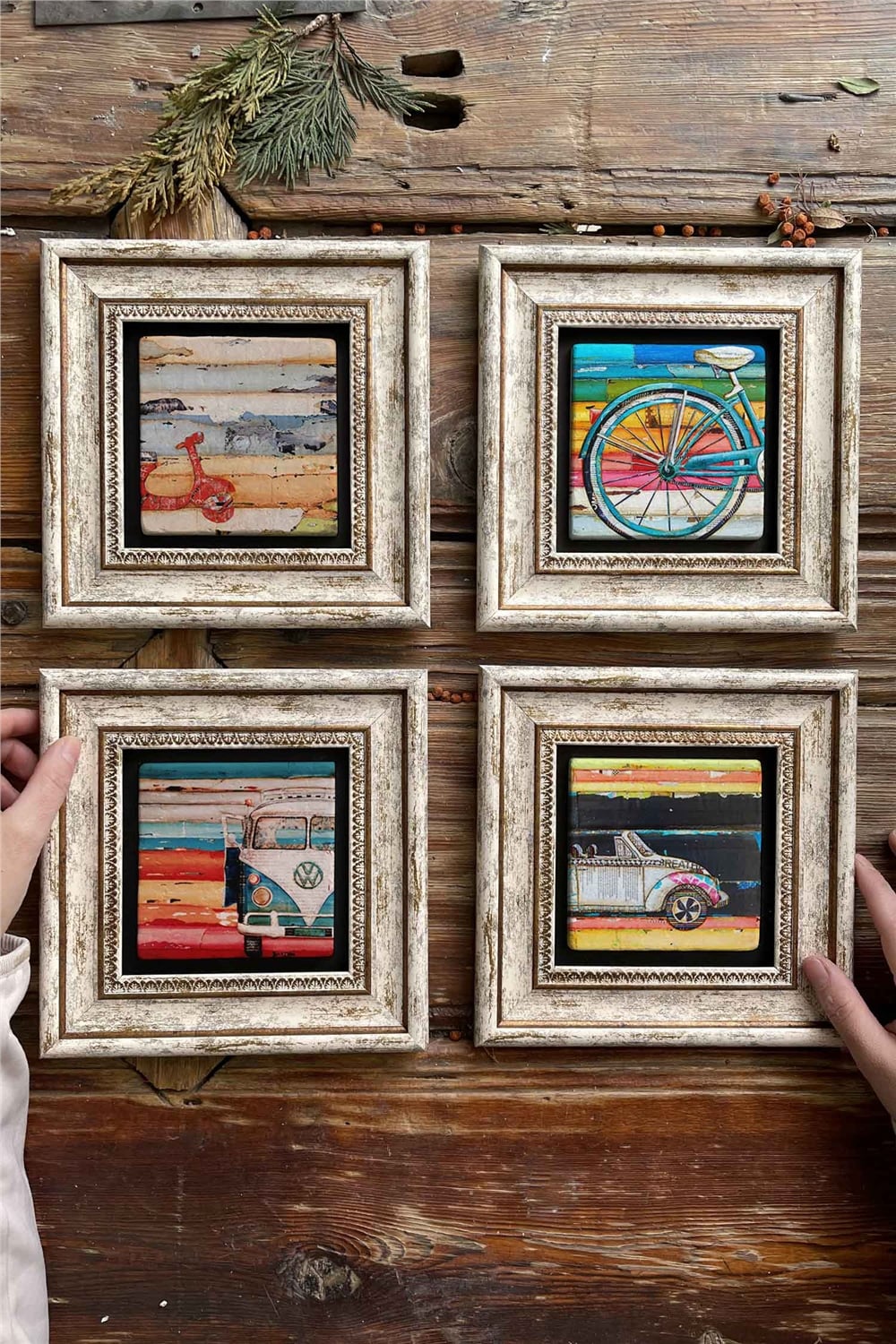 Oscar Stone Decor Çerçeveli Taş Tablo Duvar Dekoru 20x20cm 4'lü Set Bisiklet Vespa Vosvos