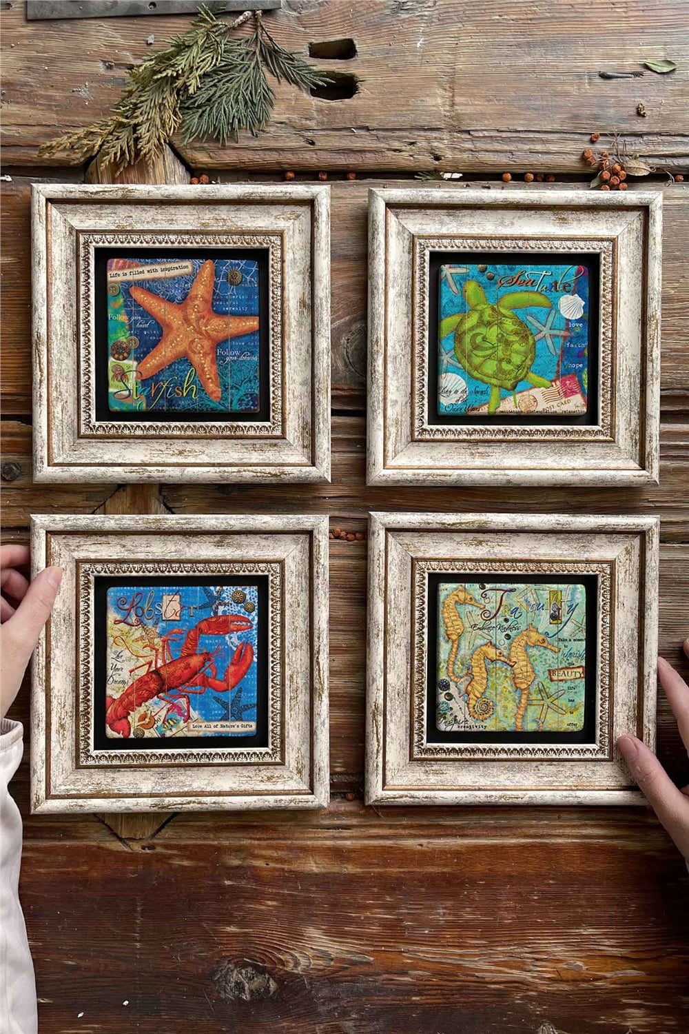 Oscar Stone Decor Çerçeveli Taş Tablo Duvar Dekoru 20x20cm 4'lü Set