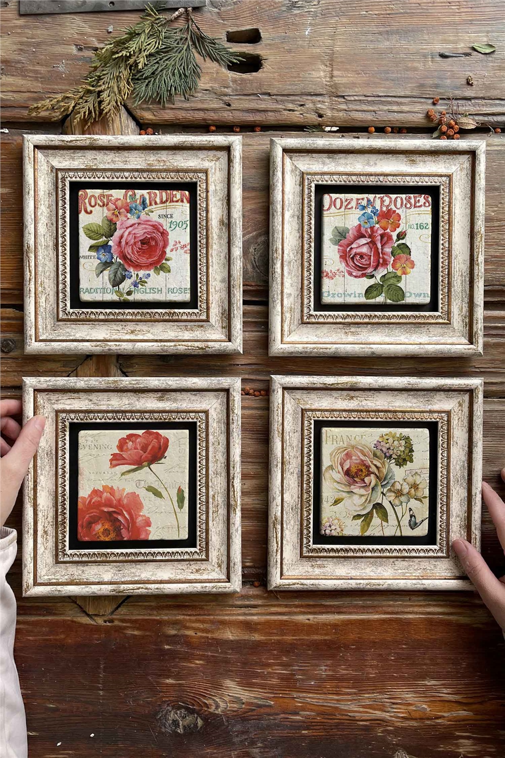 Oscar Stone Decor Çerçeveli Taş Tablo Duvar Dekoru 20x20cm 4'lü Set Rose Garden Dozen Roses