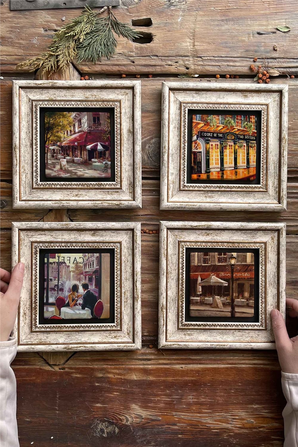 Oscar Stone Decor Çerçeveli Taş Tablo Duvar Dekoru 20x20cm 4'lü Set Paris Cafe Set