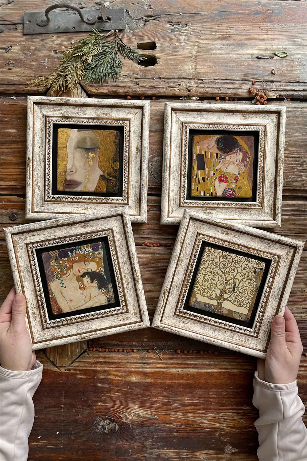 Oscar Stone Decor Çerçeveli Taş Tablo Duvar Dekoru 20x20cm 4'lü Set Gustav Klimt Set