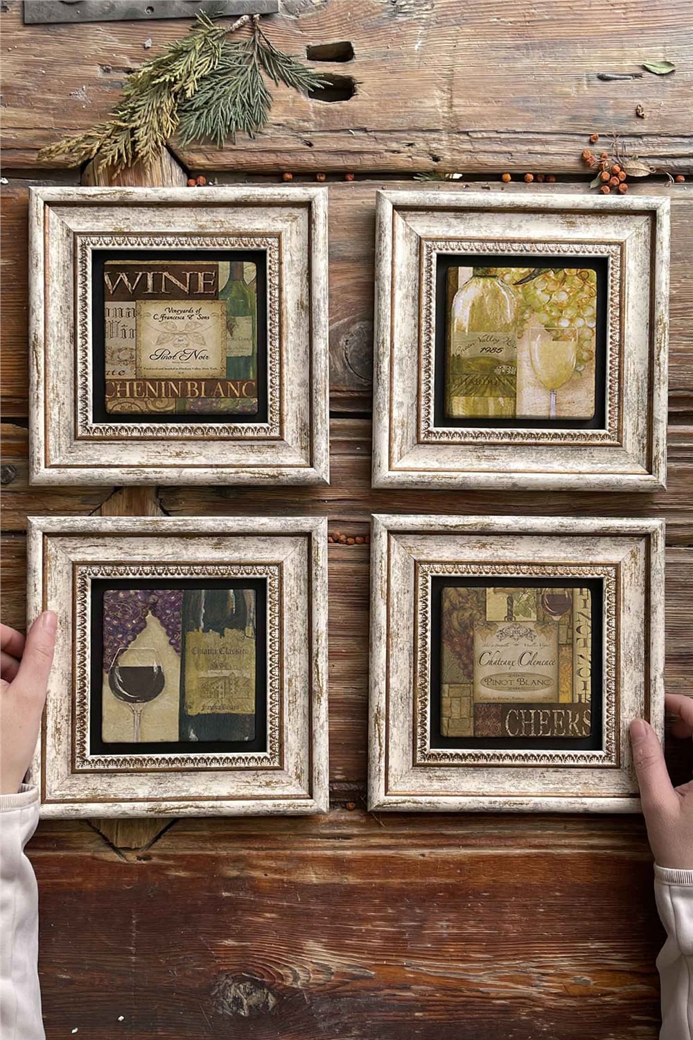 Oscar Stone Decor Çerçeveli Taş Tablo Duvar Dekoru 20x20cm 4'lü Set Wine Set Şarap Seti