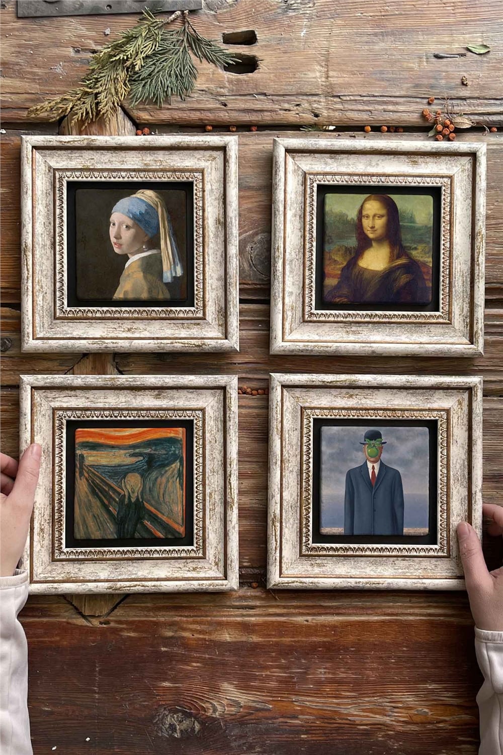 Oscar Stone Decor Çerçeveli Taş Tablo Duvar Dekoru 20x20cm 4'lü Set Çığlık Mona Lisa İnci Küpeli