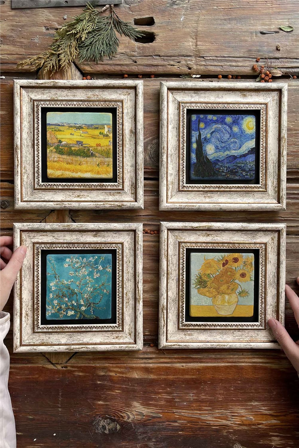 Oscar Stone Decor Çerçeveli Taş Tablo Duvar Dekoru 20x20cm 4'lü Set Van Gogh Tabloları