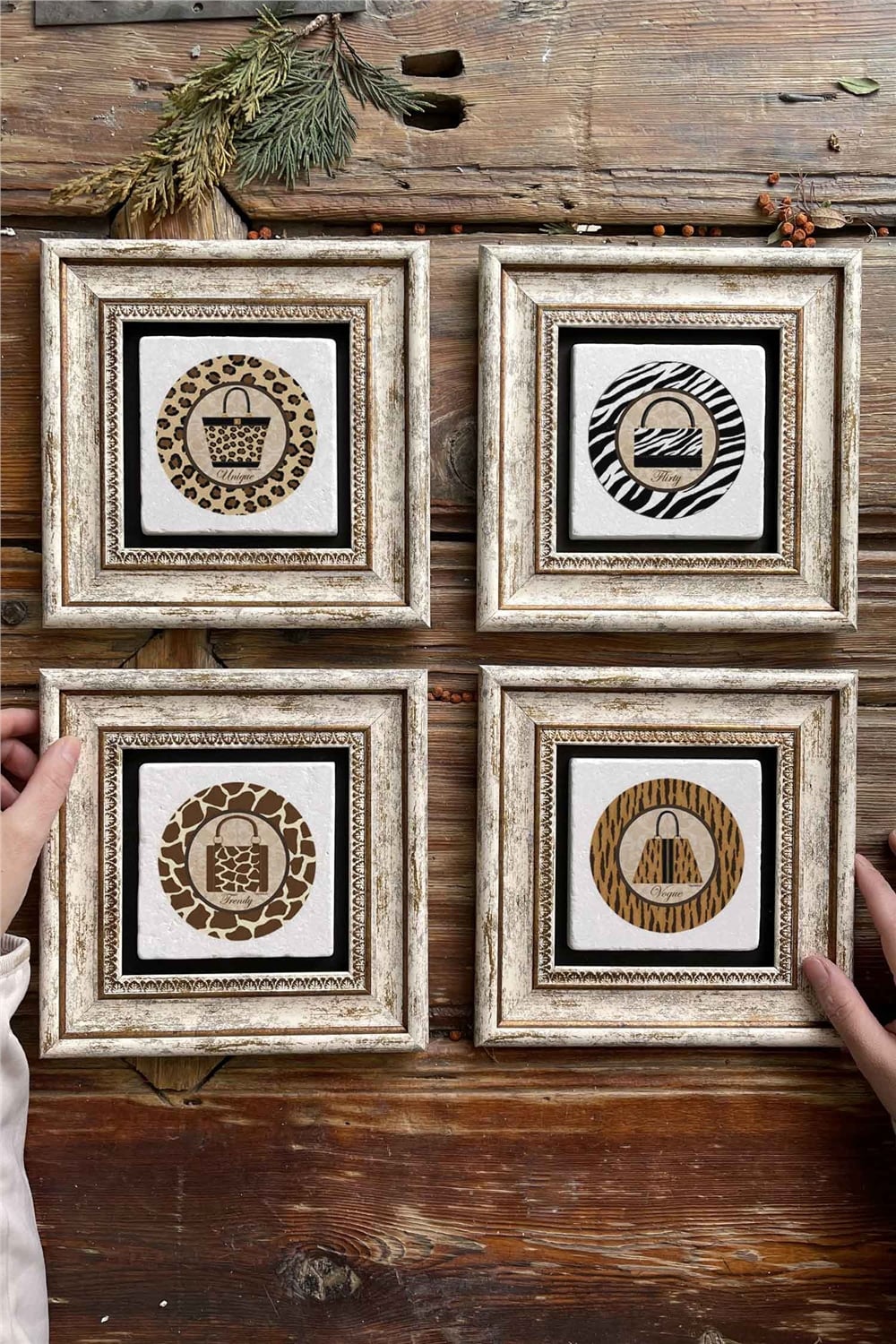 Oscar Stone Decor Çerçeveli Taş Tablo Duvar Dekoru 20x20cm 4'lü Set Çanta Seti