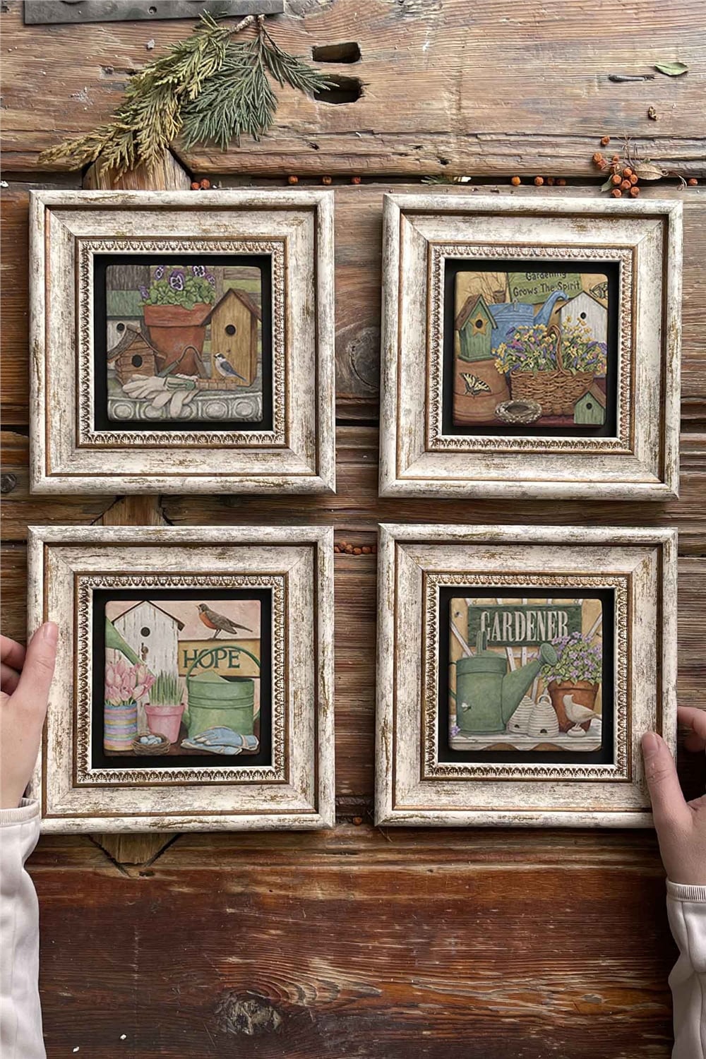 Oscar Stone Decor Çerçeveli Taş Tablo Duvar Dekoru 20x20cm 4'lü Set Kuş Yuvası Gardener