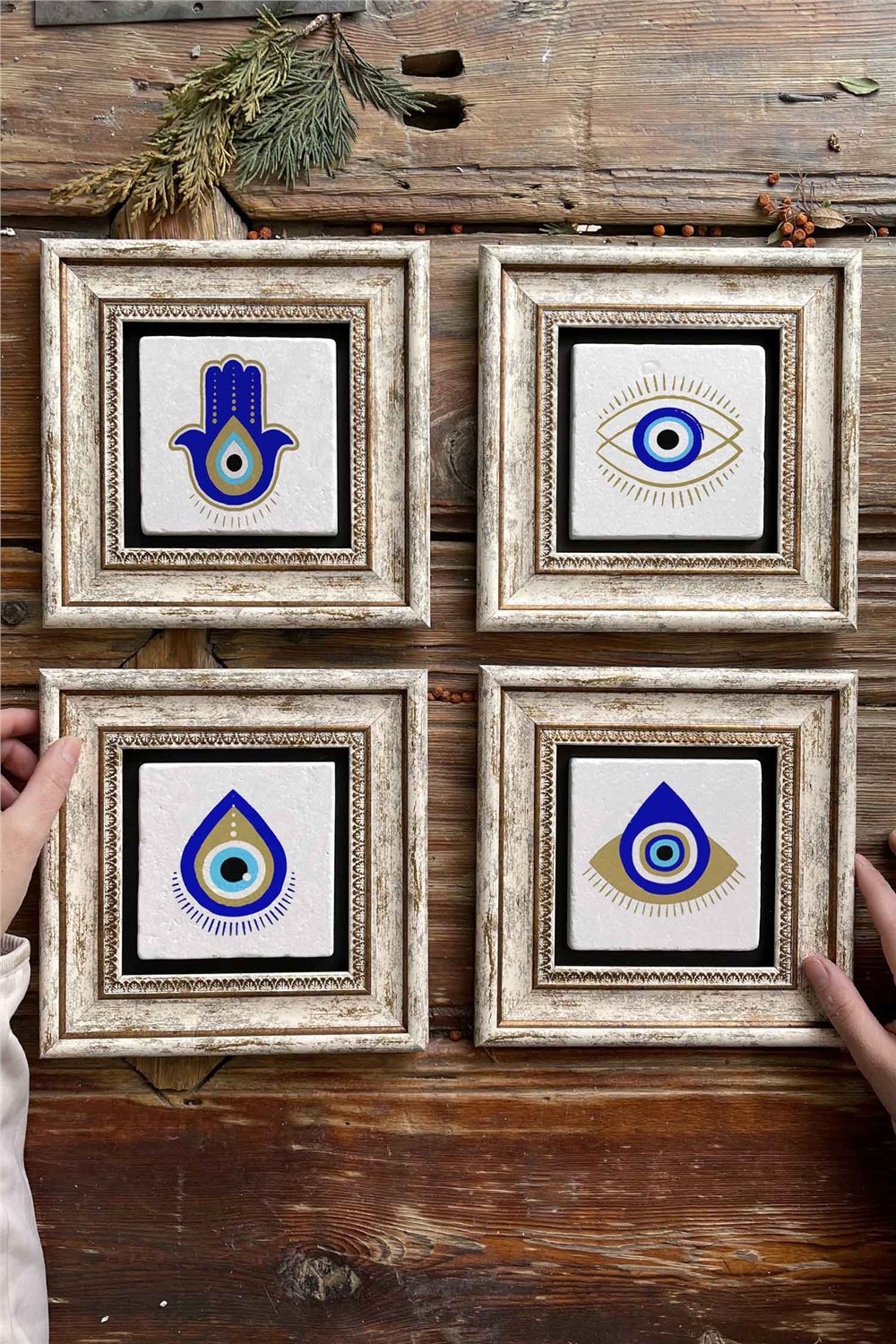 Oscar Stone Decor Çerçeveli Taş Tablo Duvar Dekoru 20x20cm 4'lü Set Nazar Göz Seti