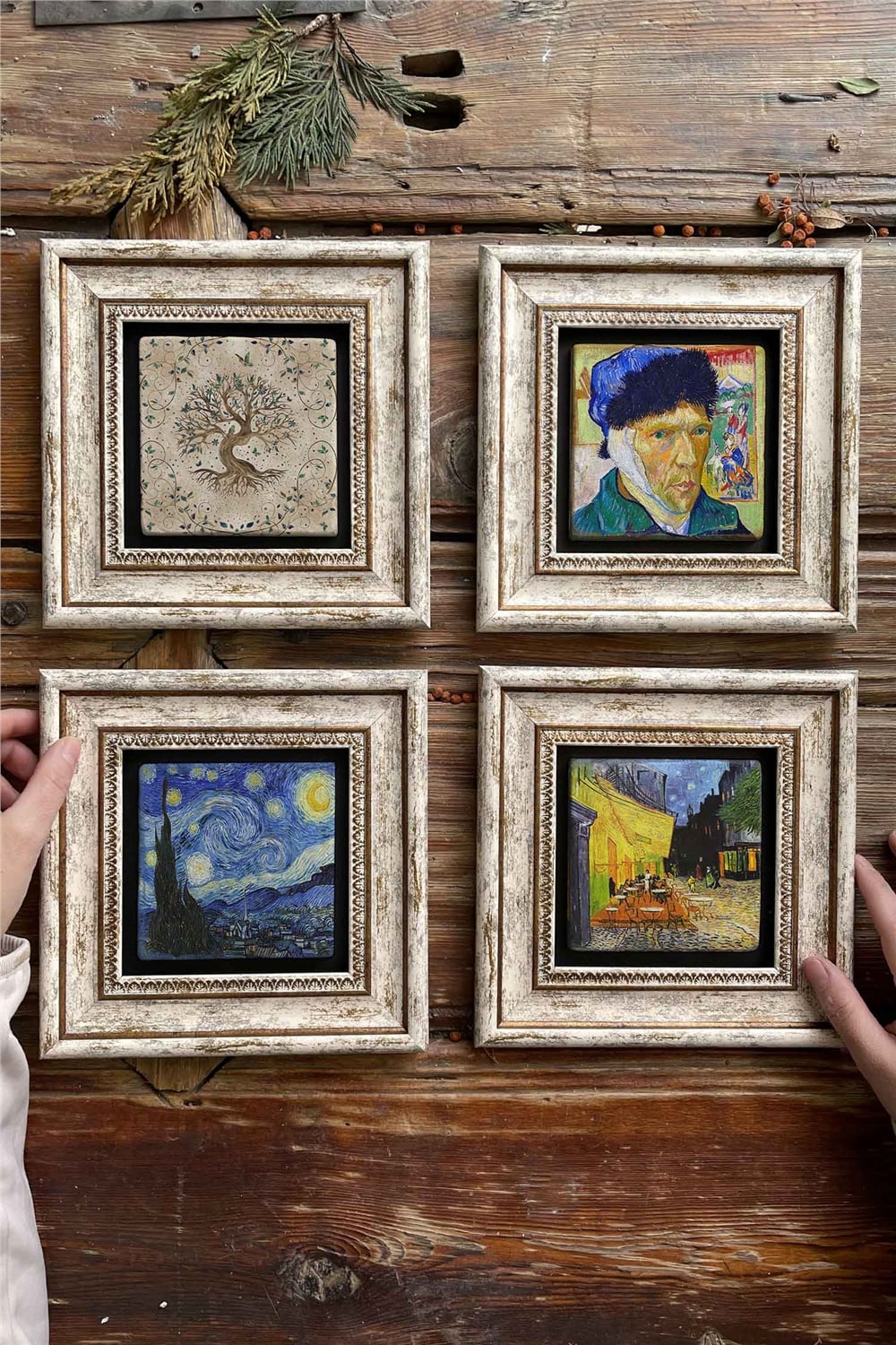 Oscar Stone Decor Çerçeveli Taş Tablo Duvar Dekoru 20x20cm 4'lü Set Van Gogh Tabloları Hayat Ağacı