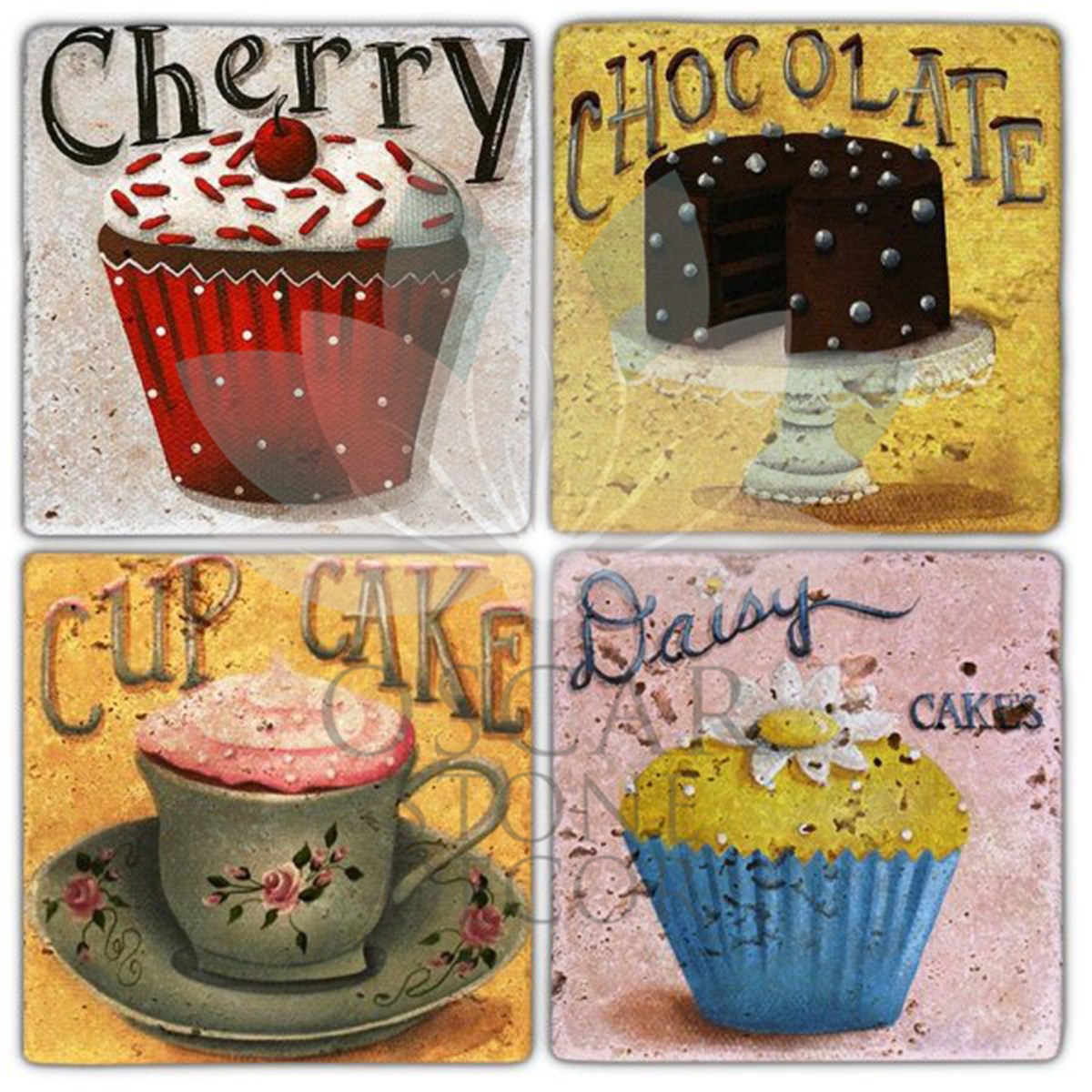OSCAR STONE DECOR CHERRY CUPCAKE 4'lü DOĞALTAŞ BARDAK ALTLIĞI / BA226 (COASTER)