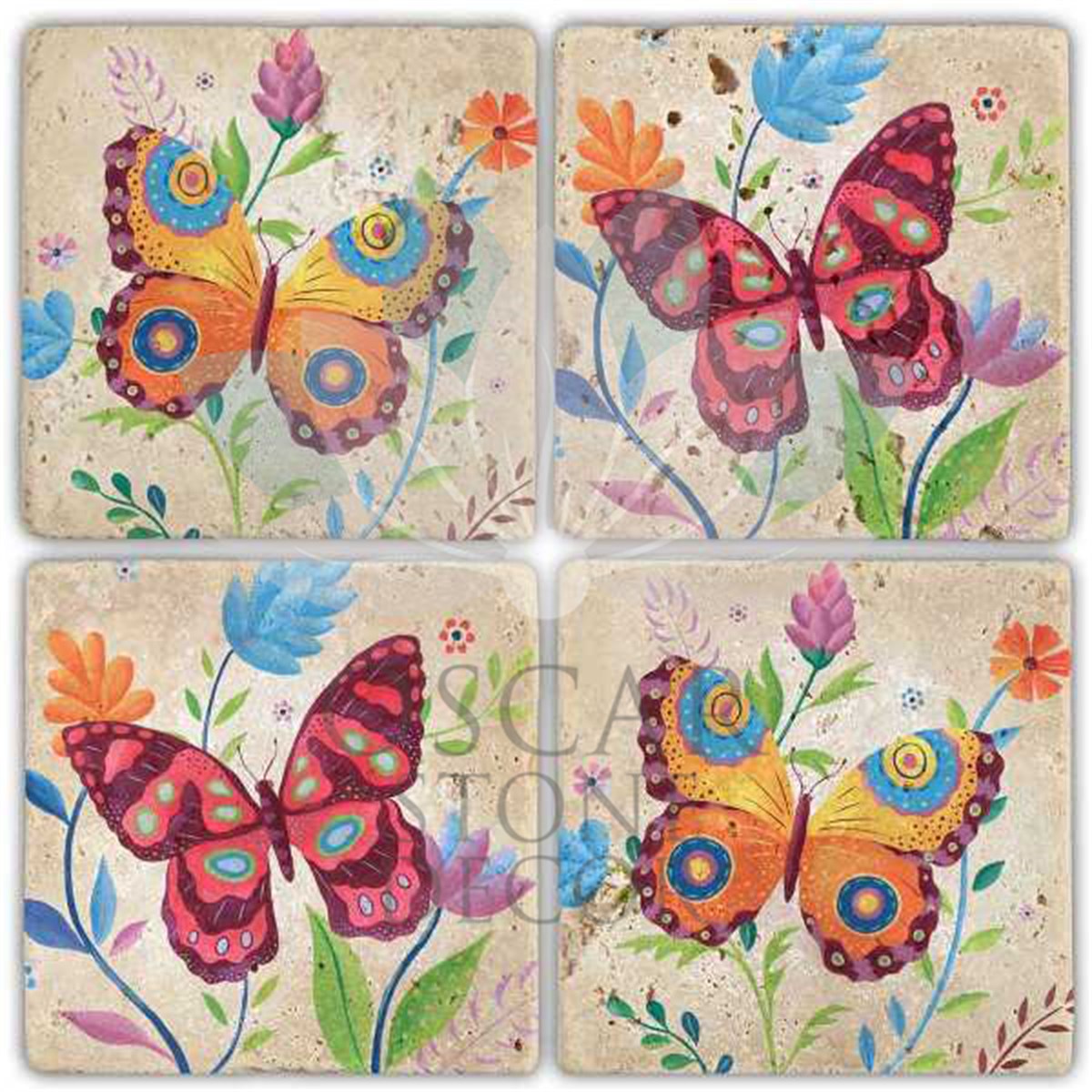 OSCAR STONE DECOR COLOR BUTTERFLY 4'lü DOĞALTAŞ BARDAK ALTLIĞI / BA251 (COASTER)