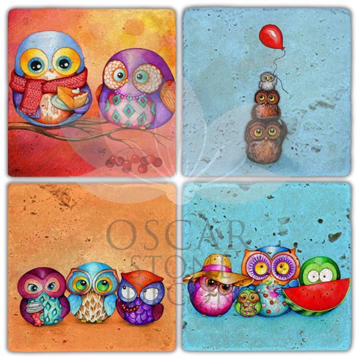 OSCAR STONE DECOR COLOR OWL 4'lü DOĞALTAŞ BARDAK ALTLIĞI / BA232 (COASTER)