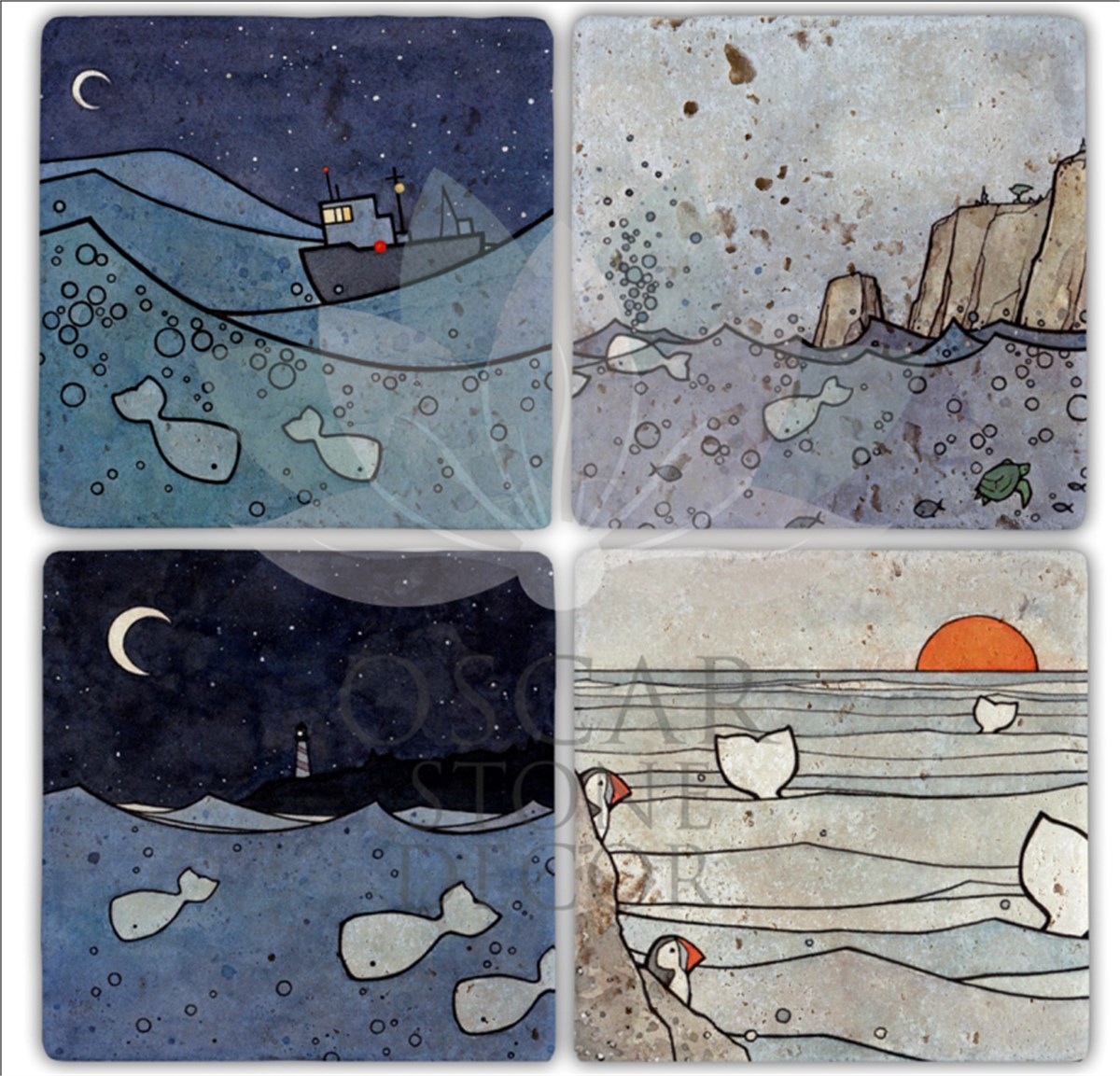 OSCAR STONE DECOR DALGALAR 4'lü DOĞALTAŞ BARDAK ALTLIĞI / BA209 (COASTER)