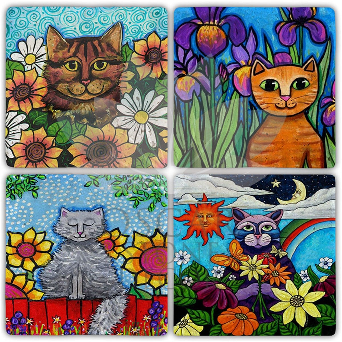 OSCAR STONE DECOR FLOWER CATS 4'lü DOĞALTAŞ BARDAK ALTLIĞI / BA405 (COASTER)