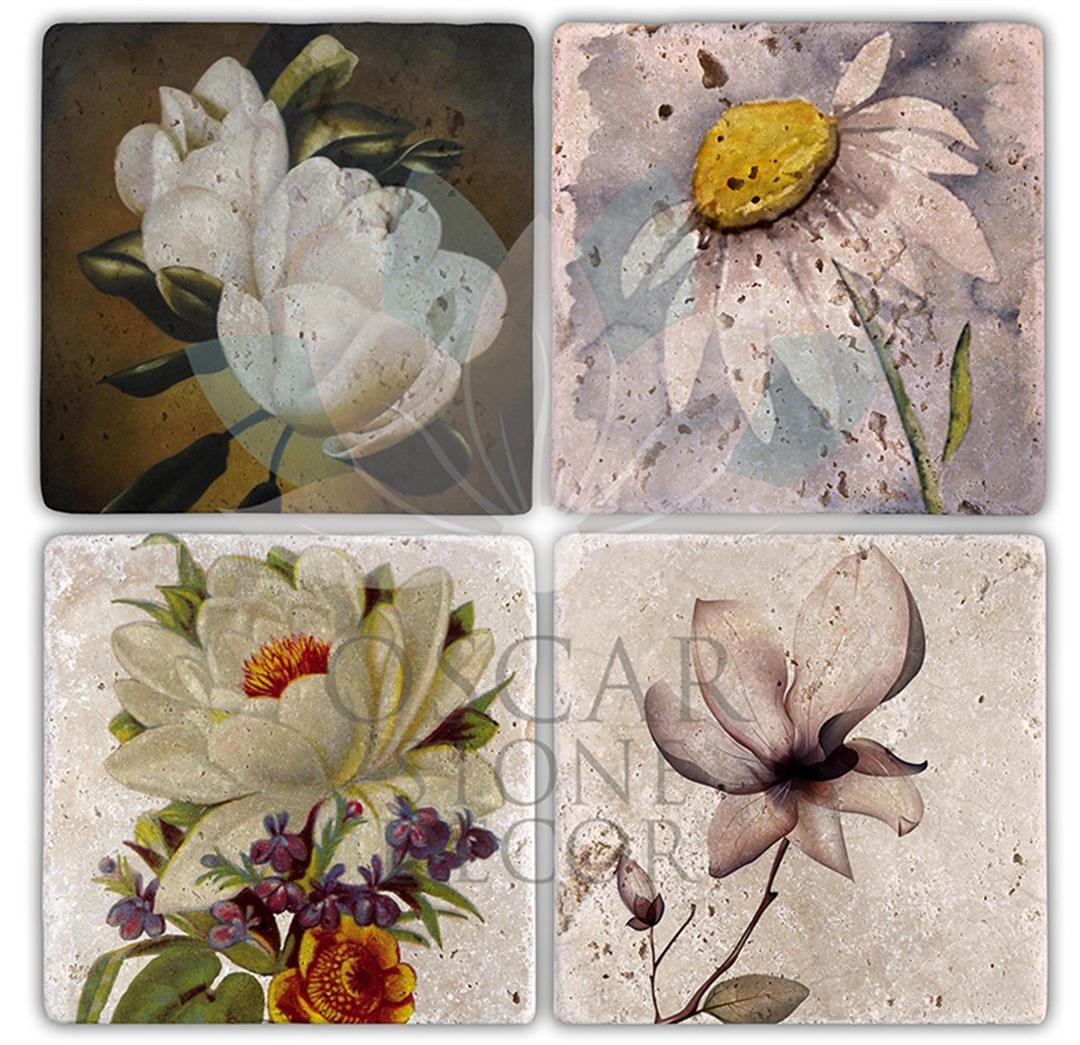 OSCAR STONE DECOR FLOWERS 2 4'lü DOĞALTAŞ BARDAK ALTLIĞI / BA110 (COASTER)