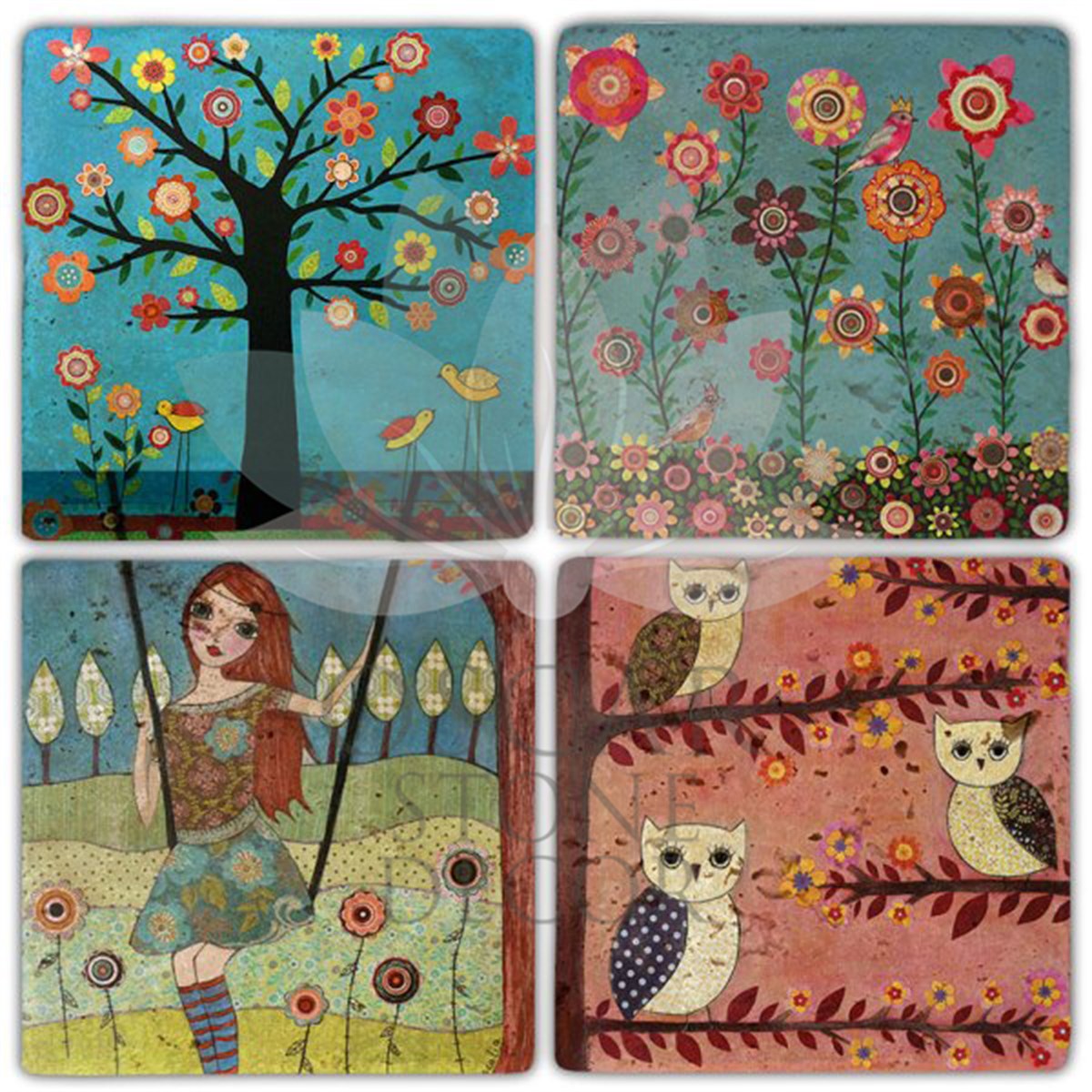 OSCAR STONE DECOR FLOWERS IN  GARDEN 4'lü DOĞALTAŞ BARDAK ALTLIĞI / BA314 (COASTER)