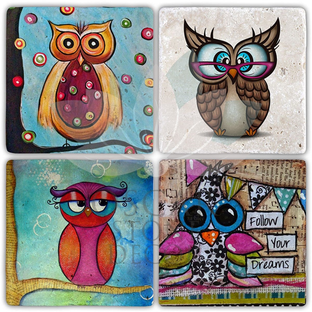 OSCAR STONE DECOR FOLLOW OWLS 4'lü DOĞALTAŞ BARDAK ALTLIĞI / BA505 (COASTER)