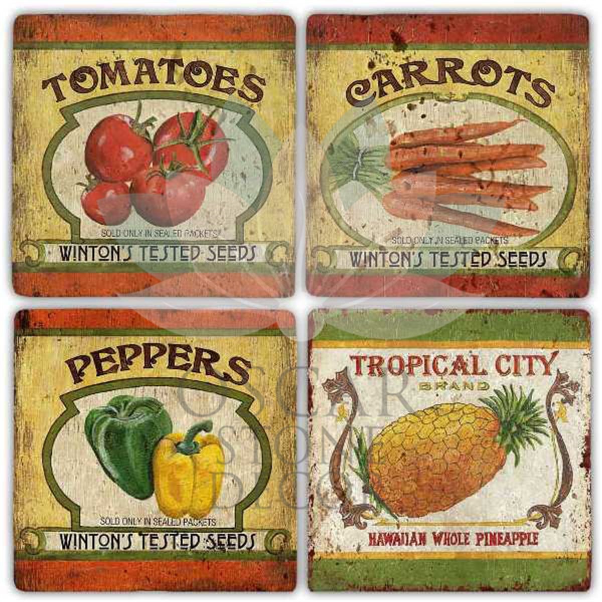 OSCAR STONE DECOR FRESH VEGETABLES 4'lü DOĞALTAŞ BARDAK ALTLIĞI / BA261 (COASTER)