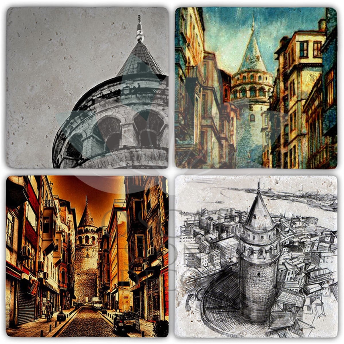 OSCAR STONE DECOR GALATA TOWER 4'lü DOĞALTAŞ BARDAK ALTLIĞI / BA462 (COASTER)