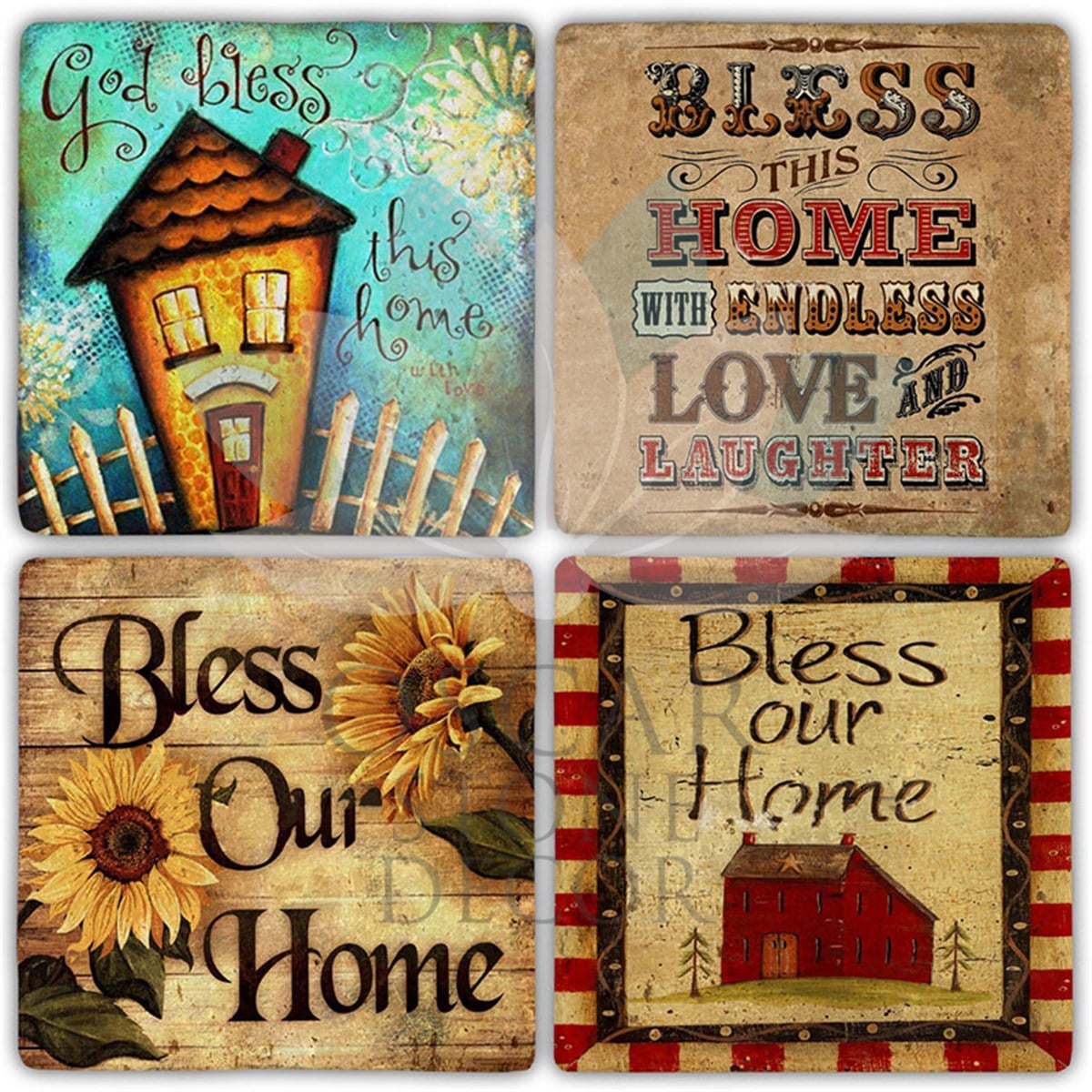 OSCAR STONE DECOR GOD BLESS THIS HOME 4'lü DOĞALTAŞ BARDAK ALTLIĞI / BA420 (COASTER)