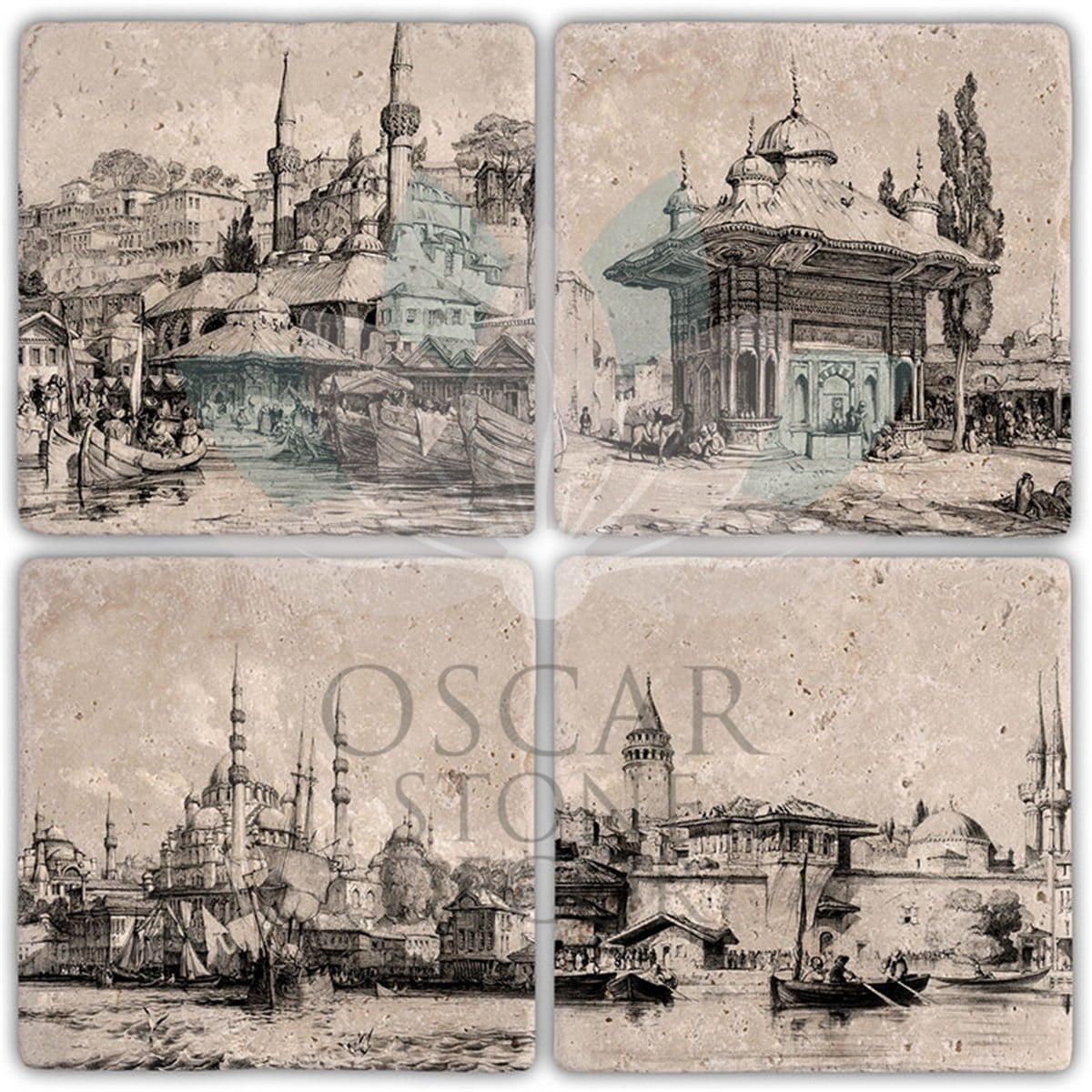 OSCAR STONE DECOR GRAVÜRLER 4'lü DOĞALTAŞ BARDAK ALTLIĞI / BA389 (COASTER)