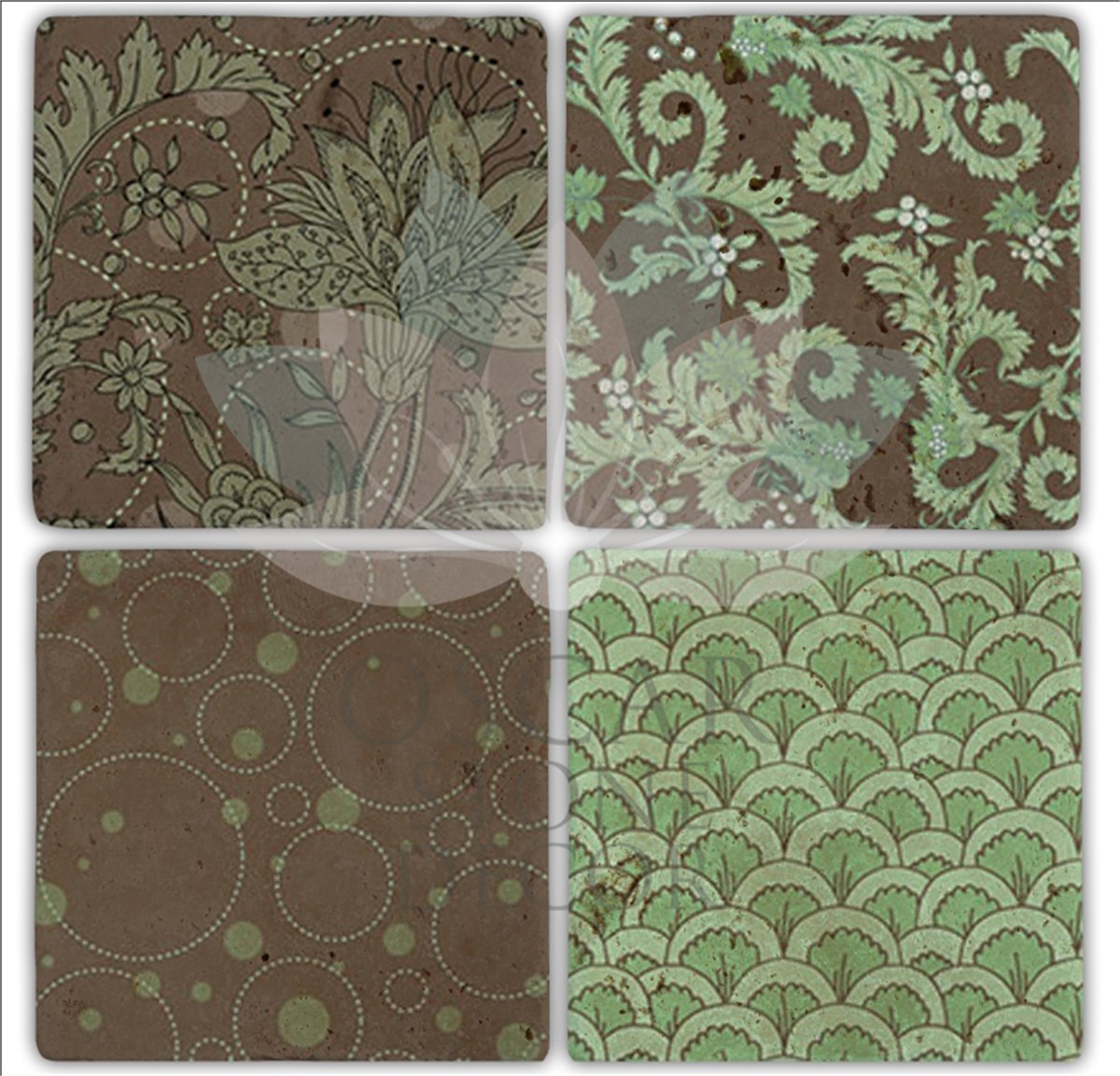 OSCAR STONE DECOR GREEN PATTERN 4'lü DOĞALTAŞ BARDAK ALTLIĞI / BA198 (COASTER)