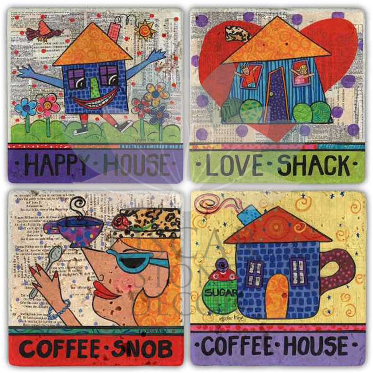 OSCAR STONE DECOR HAPPY HOUSE 4'lü DOĞALTAŞ BARDAK ALTLIĞI / BA296 (COASTER)