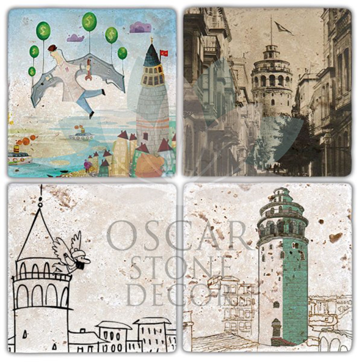 OSCAR STONE DECOR HEZARFEN 4'lü DOĞALTAŞ BARDAK ALTLIĞI / BA316 (COASTER)