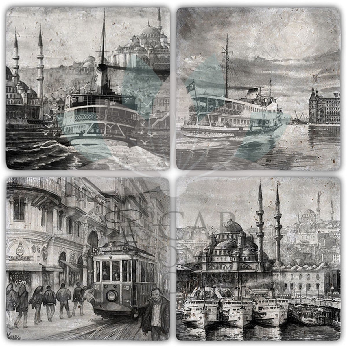 OSCAR STONE DECOR İSTANBUL KARAKALEM 4'lü DOĞALTAŞ BARDAK ALTLIĞI / BA353 (COASTER)