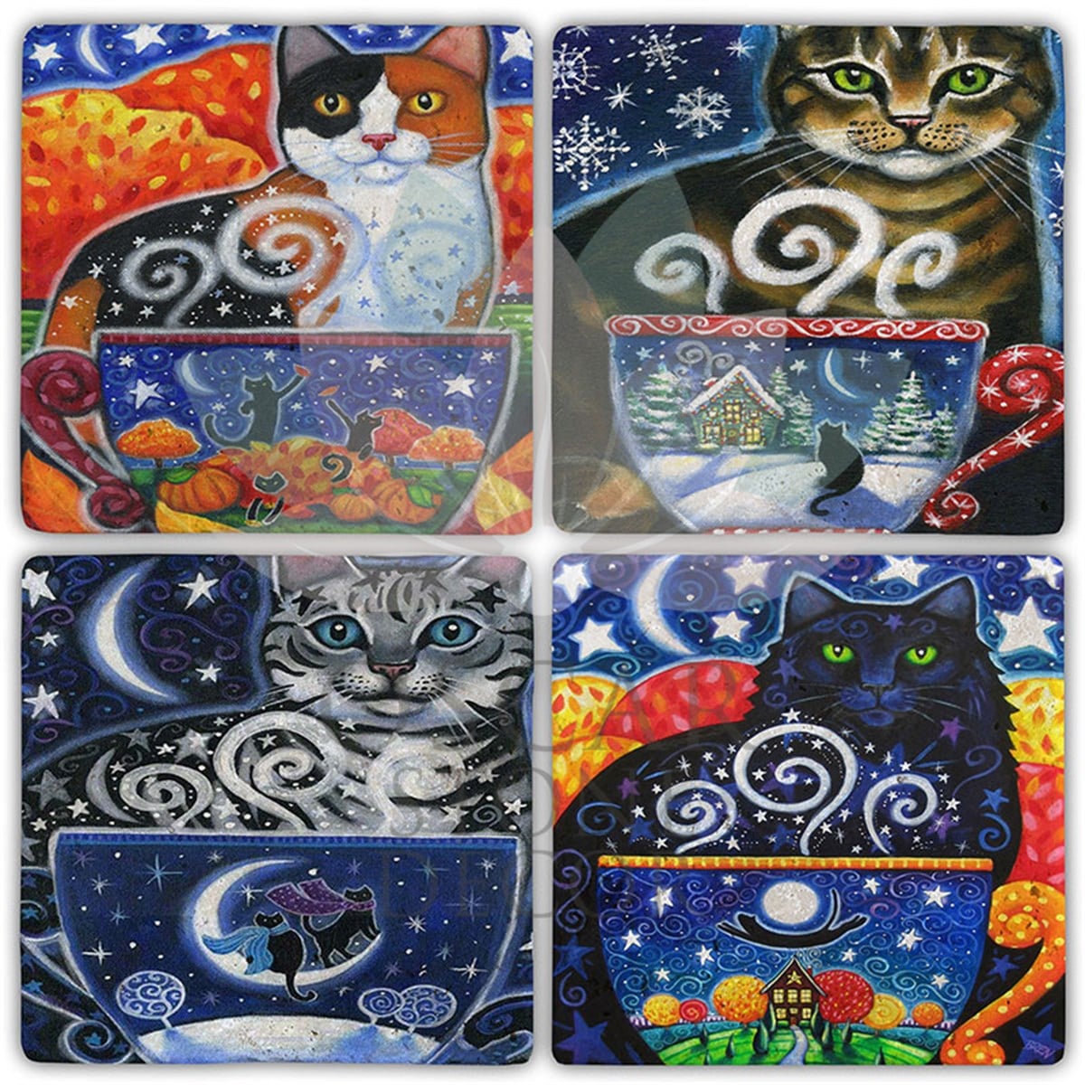 OSCAR STONE DECOR KEDİ FİNCANI 4'lü DOĞALTAŞ BARDAK ALTLIĞI / BA513 (COASTER)