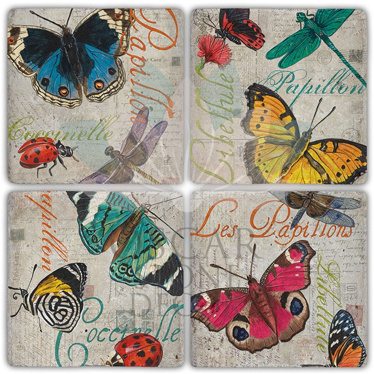 OSCAR STONE DECOR LES PAPILIONS 4'lü DOĞALTAŞ BARDAK ALTLIĞI / BA372 (COASTER)