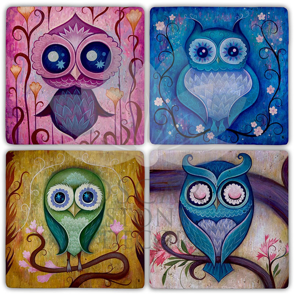 OSCAR STONE DECOR LOVE OWLS 4'lü DOĞALTAŞ BARDAK ALTLIĞI / BA414 (COASTER)