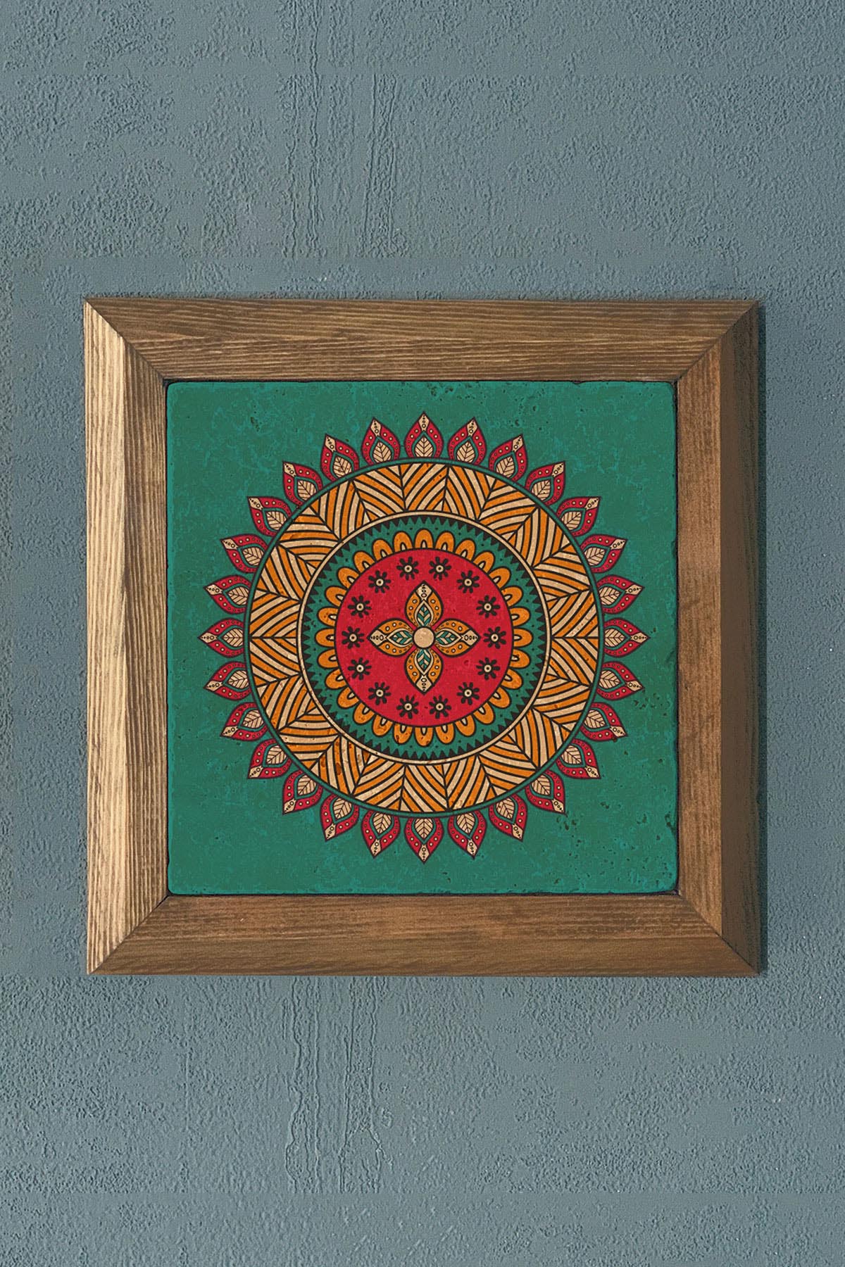 Oscar Stone Decor Mandala Masif Ahşap Çerçeveli Taş Tablo -Duvar Dekoru-28X28 CM