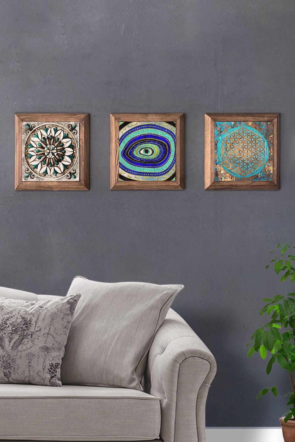 Oscar Stone Decor Masif (Ahşap) Çerçeveli 3'lü Set Taş Tablo Pano 28x28 cm Yaşam Çiçeği Nazar Göz