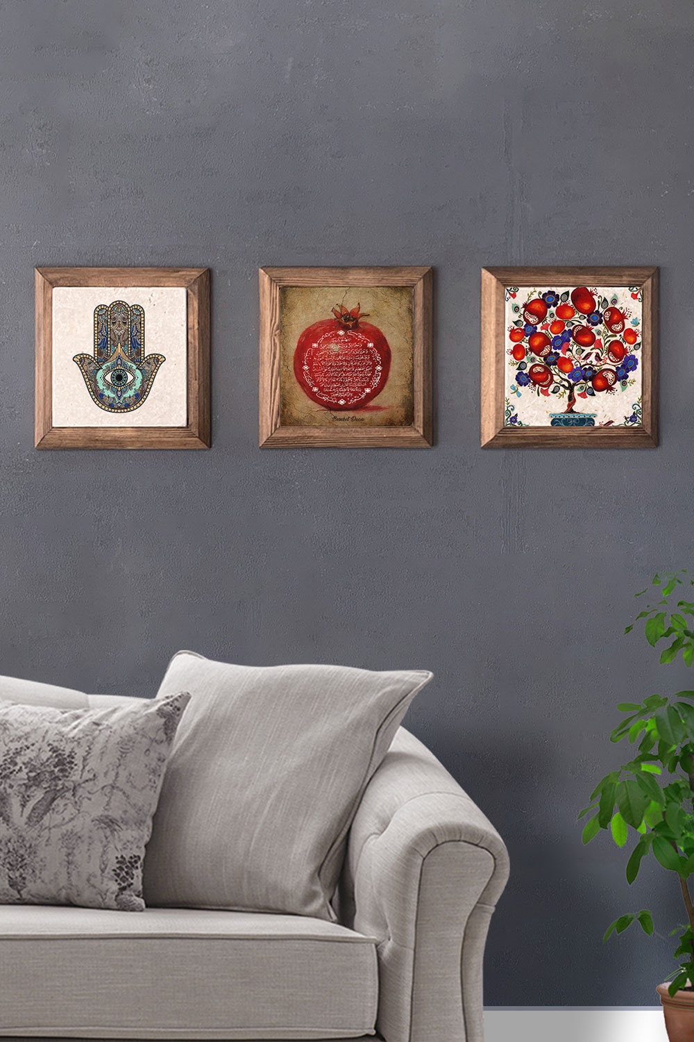 Oscar Stone Decor Masif (Ahşap) Çerçeveli 3'lü Set Taş Tablo Pano 28x28 cm Fatma Ana Nar Ağacı