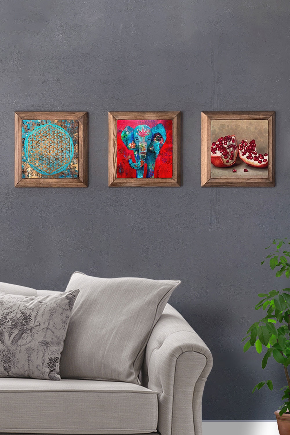 Oscar Stone Decor Masif (Ahşap) Çerçeveli 3'lü Set Taş Tablo Pano 28x28 cm Nar Yaşam Çiçeği Nar