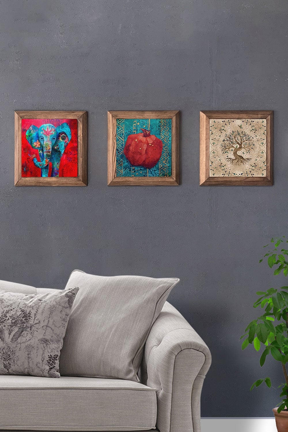 Oscar Stone Decor Masif (Ahşap) Çerçeveli 3'lü Set Taş Tablo Pano 28x28 cm Fil Nar Hayat Ağacı