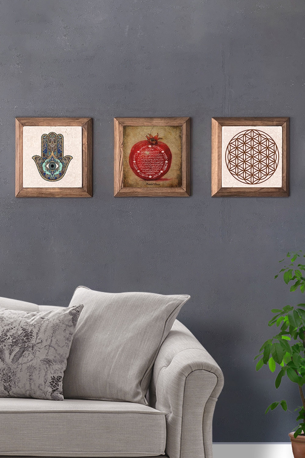 Oscar Stone Decor Masif (Ahşap) Çerçeveli 3'lü Set Taş Tablo Pano 28x28 cm Nar Duası Fatma Ana Eli