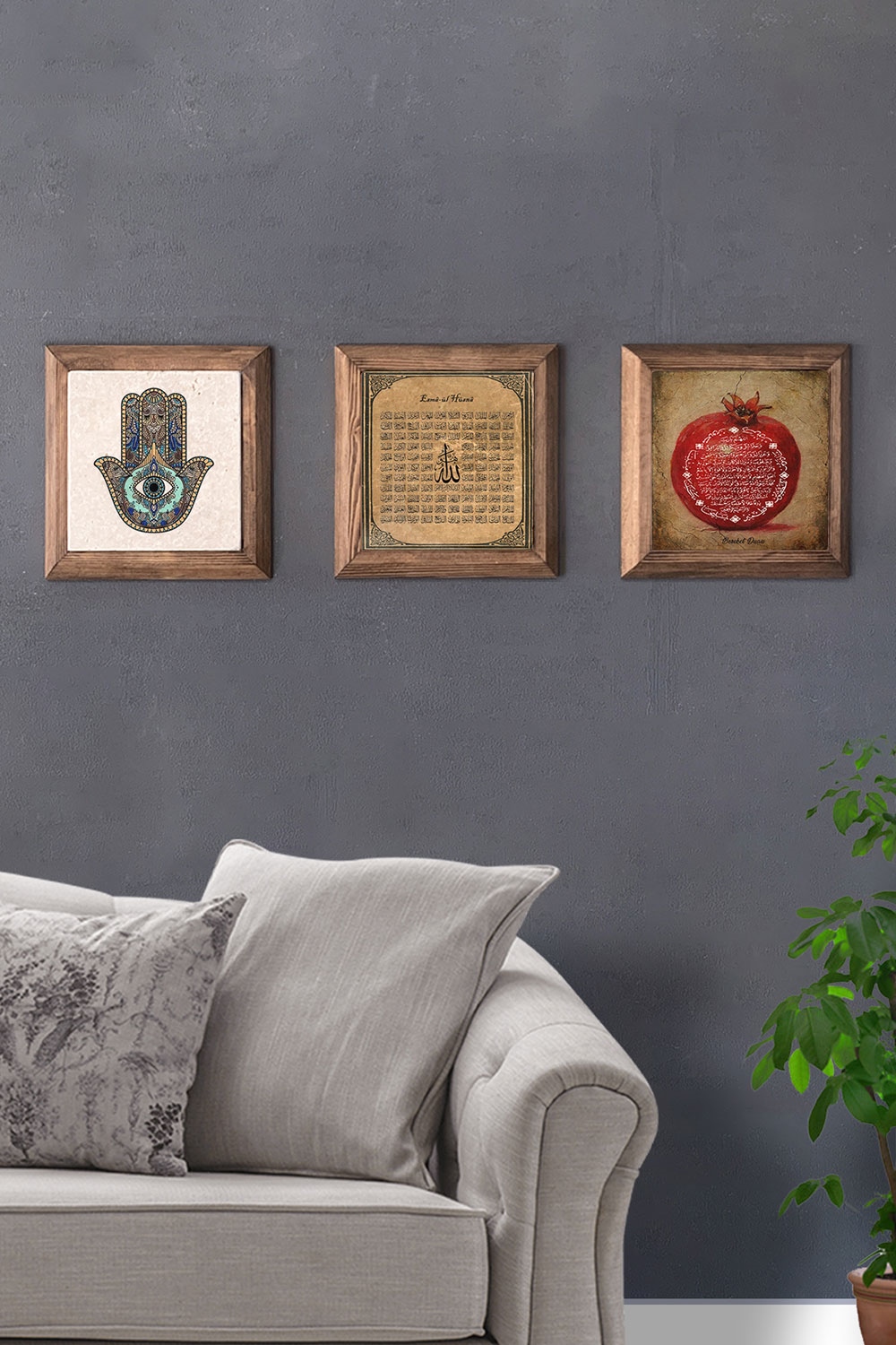 Oscar Stone Decor Masif (Ahşap) Çerçeveli 3'lü Set Taş Tablo Pano 28x28 cm Fatma Esmaül Hüsna Nar