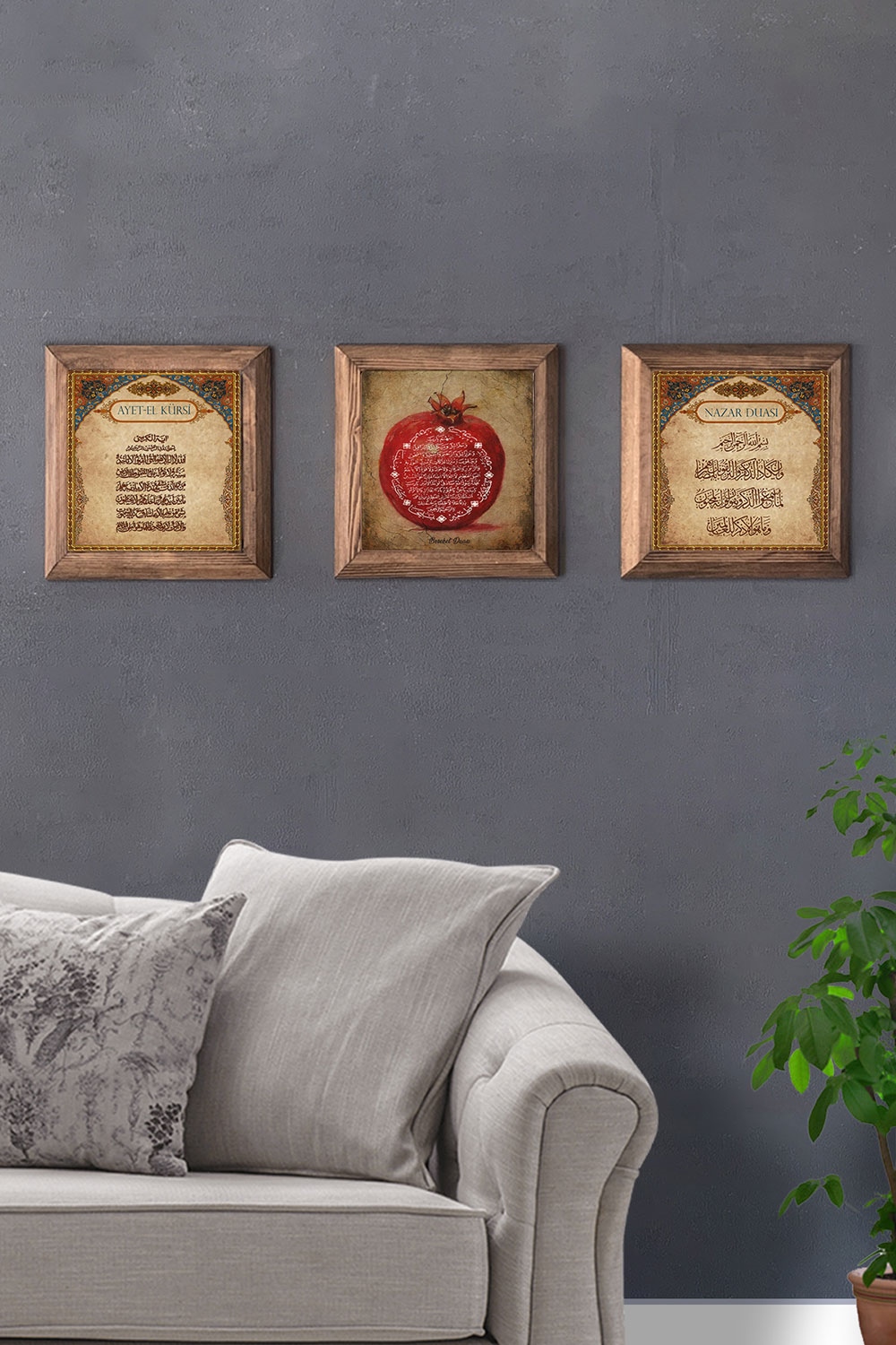 Oscar Stone Decor Masif (Ahşap) Çerçeveli 3'lü Set Taş Tablo Pano 28x28 cm Ayetel Nazar Dua Nar