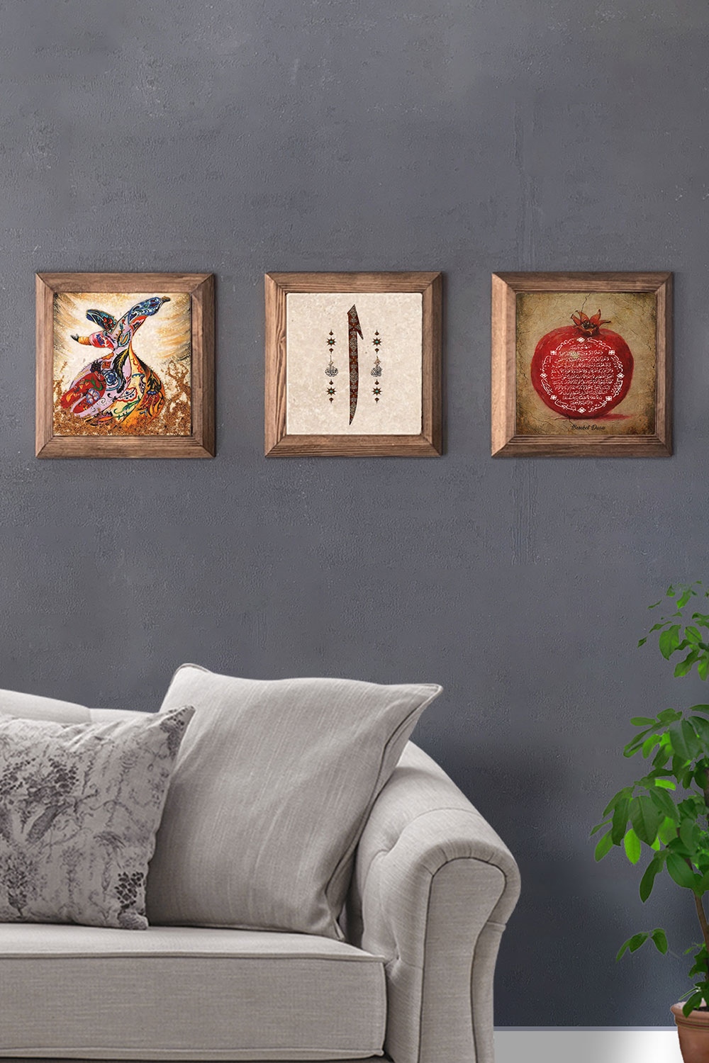Oscar Stone Decor Masif (Ahşap) Çerçeveli 3'lü Set Taş Tablo Pano 28x28 cm Semazen Elif Nar Dua