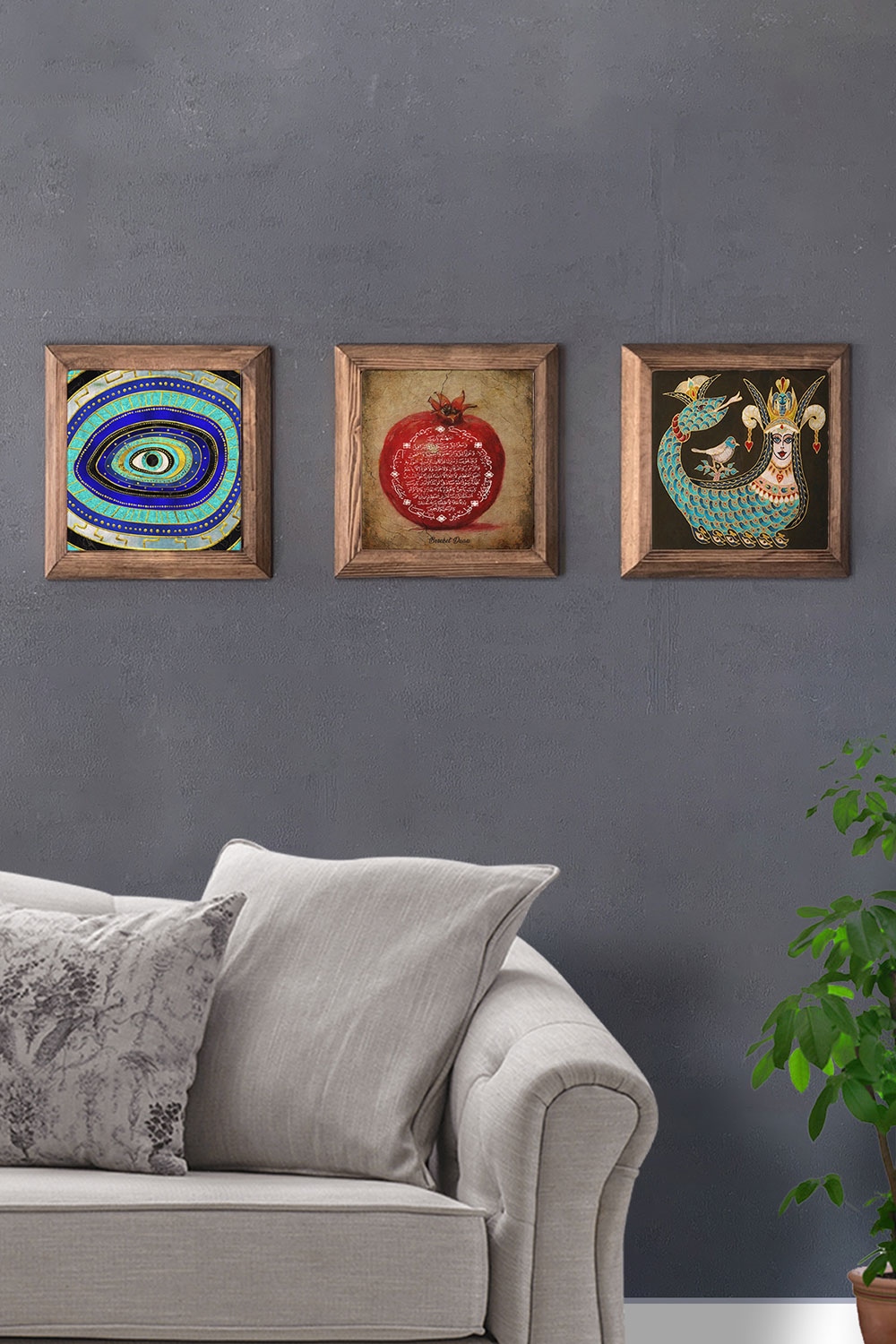 Oscar Stone Decor Masif (Ahşap) Çerçeveli 3'lü Set Taş Tablo Pano 28x28 cm Nazar Göz Nar Şahmeran