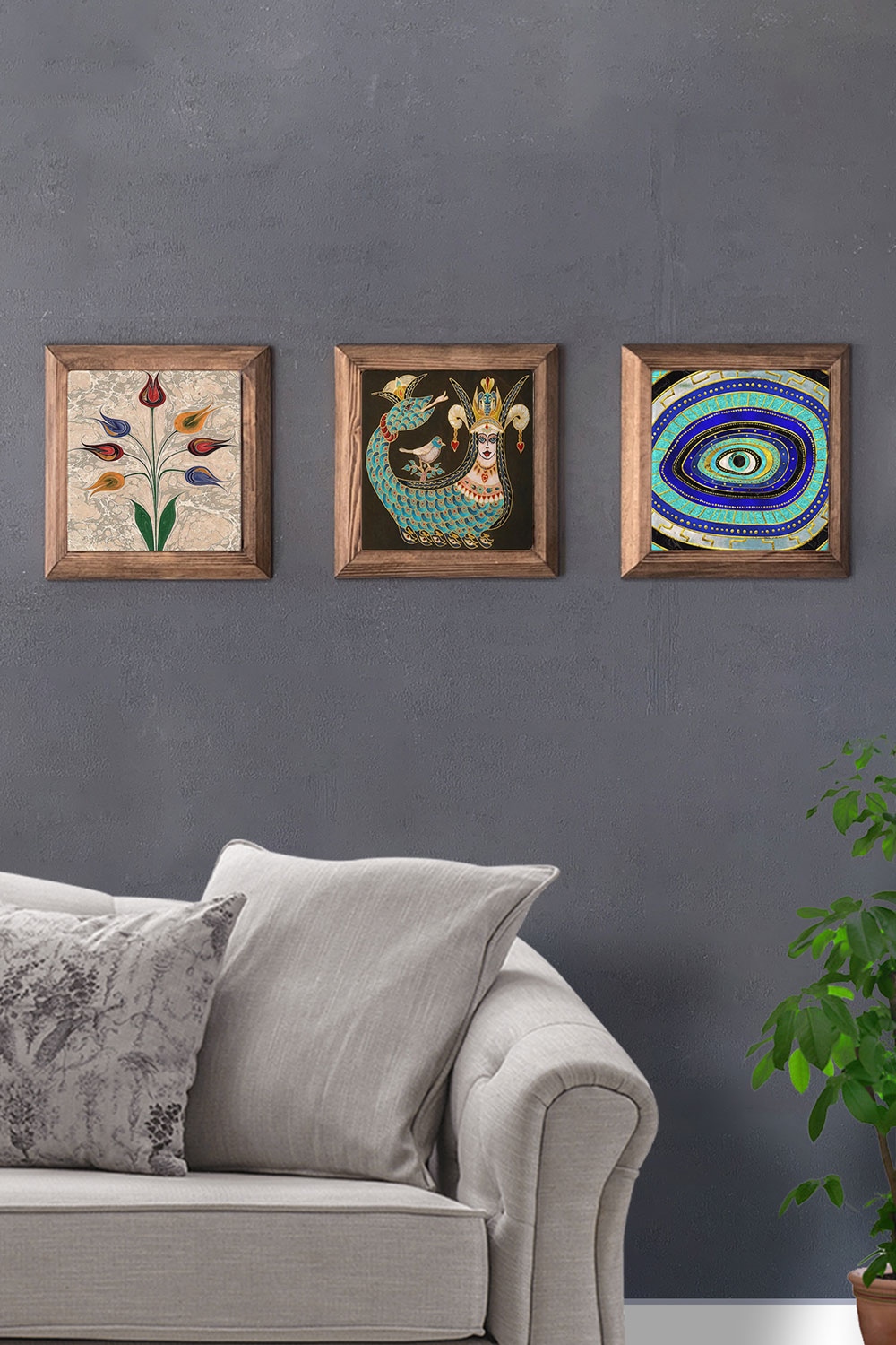 Oscar Stone Decor Masif (Ahşap) Çerçeveli 3'lü Set Taş Tablo Pano 28x28 cm Ebruli Şahmeran Nazar Göz