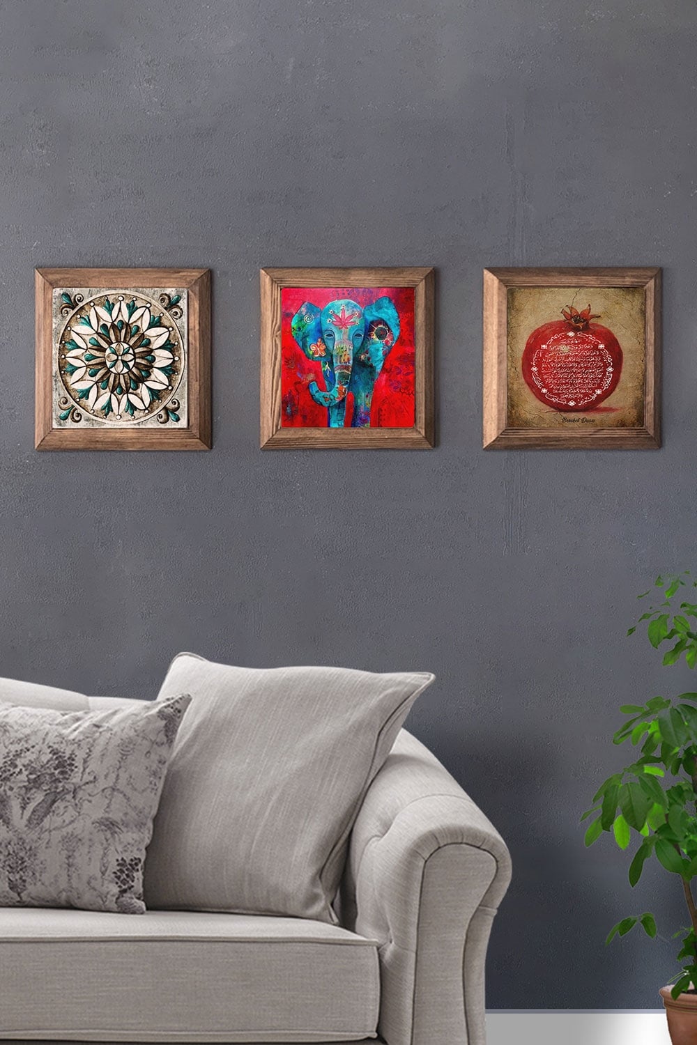Oscar Stone Decor Masif (Ahşap) Çerçeveli 3'lü Set Taş Tablo Pano 28x28 cm Desen Fil Nar Duası