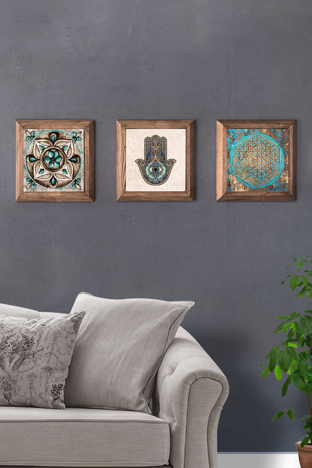 Oscar Stone Decor Masif (Ahşap) Çerçeveli 3'lü Set Taş Tablo Pano 28x28 cm Fatma Ana Yaşam Çiçeği