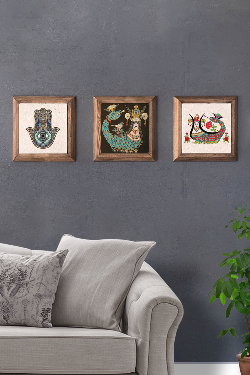 Oscar Stone Decor Masif (Ahşap) Çerçeveli 3'lü Set Taş Tablo Pano 28x28 cm Şahmeran Fatma Ana Eli