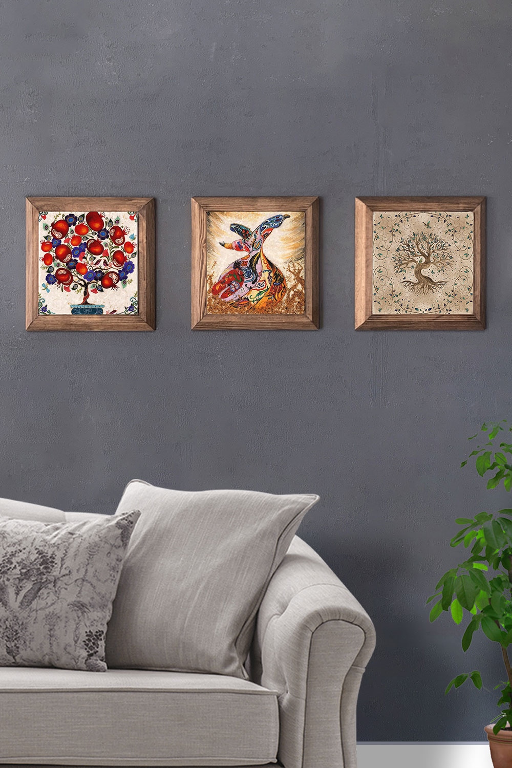 Oscar Stone Decor Masif (Ahşap) Çerçeveli 3'lü Set Taş Tablo Pano 28x28 cm Semazen Şahmeran Nar