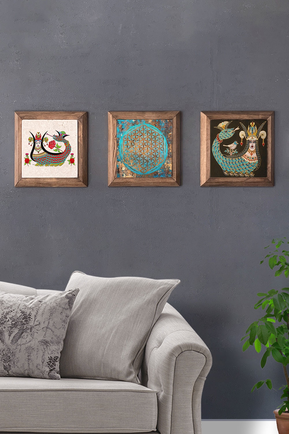 Oscar Stone Decor Masif (Ahşap) Çerçeveli 3'lü Set Taş Tablo Pano 28x28 cm Şahmeran Yaşam Çiçeği